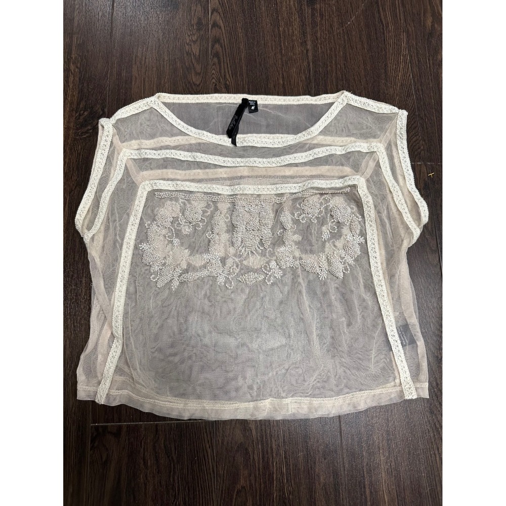 Bellatrix Sheer Mesh Beaded Boho Top - Cream/Ivory - Size M. Cap sleeves
